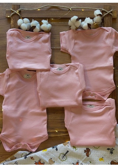 Betül Bebek Kısa Kollu 5'li Organik Pamuk Çıtçıtlı Bebek Body&zıbın 5adet Pembe