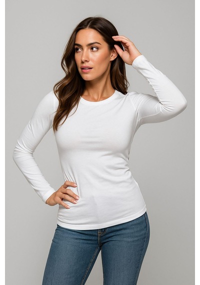 Kadın Beyaz Bisiklet Yaka Slim Fit Basic Tişört - Uzun Kollu Pamuklu T-shirt Bluz Çok Renkli