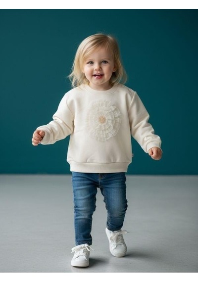 Zekids Kız Bebek Pamuklu Çiçek Detaylı Sweatshirt-16564 Krem
