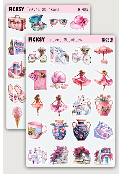 Santorini Ege Adası Sticker Seti - 40 Adet Yaz Tatil Seyahat Travel Gezgin Etiket Çıkartma Diğer