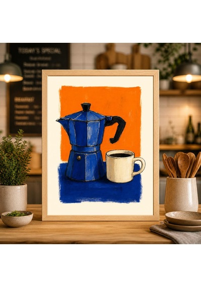 Moka Pot Kahve Sanat Baskıları Mavi Ve Turuncu İtalyan Espresso Seti 2 Adet