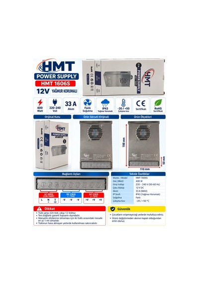 Hmt 12v Dc 33.3a 400w Yağmur Korumalı Epoksi Li Fanlı Led Trafosu 12 Volt 33.3 Amper Ip43 Tam Değe