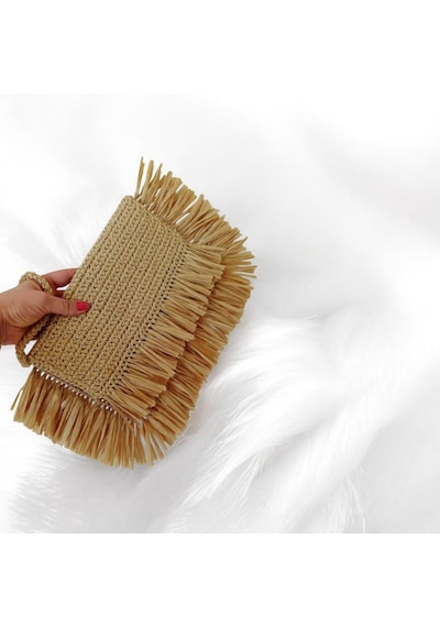 Boho Püsküllü Rafya Çanta El Yapımı Yazlık Hasır Kadın Clutch