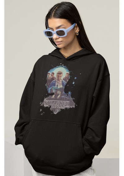 Sevbano Tasarım Stranger Things Baskılı Unisex Oversize Dizi Film Hoodie Siyah