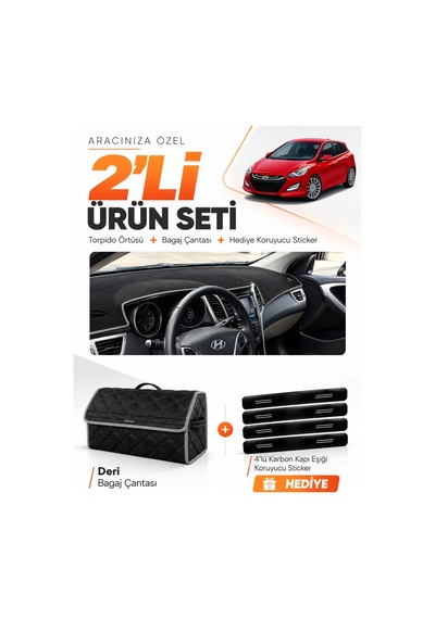 E-biz Hyundai İ30 2012-2016 Uyumlu Torpido Örtüsü + Deri Bagaj Çantası Seti - Siyah-gri - Hu005