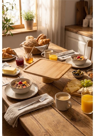 Ayaklı Kare Bambu Sunumluk 25x25 Cm Dekoratif Sunum Standı Pasta Standı Kahvaltılık Meyvelik Servis Tabağı Bej Bej