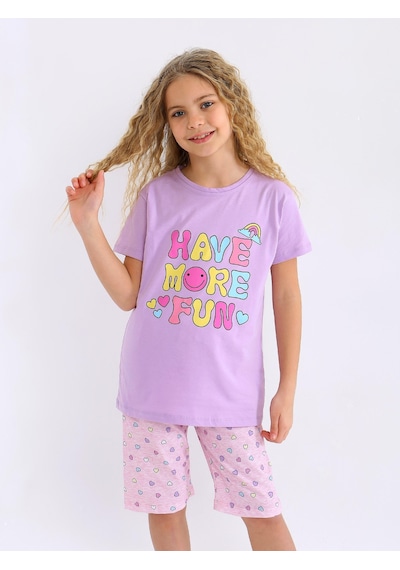 Kız Çocuk Kısa Kollu Kapri %100 Pamuklu Pijama Takımı More Fun Lila