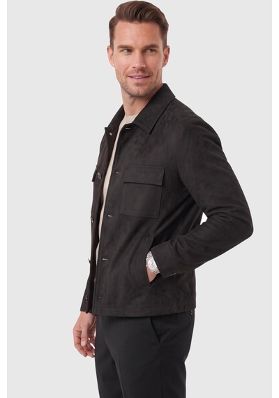 Rizzup Erkek Slim Fit Tüylenmeyen Kırışmayan Siyah Süet Ceket Astarlı Gömlek Yaka 2704503
