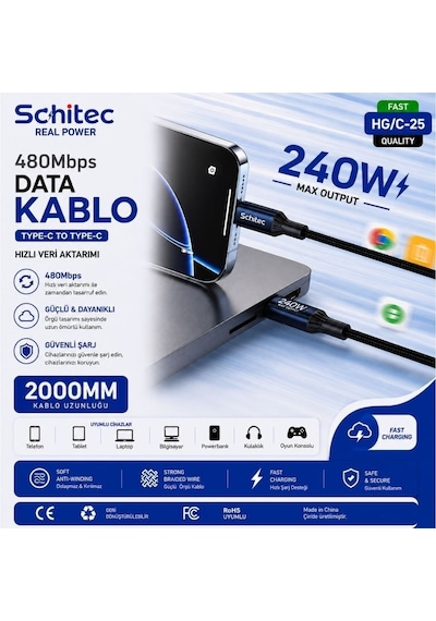 Schitec 38w 2 Çıkışlu Hızlı Şarj Başlığı Ve 240w Type-c To Type-c Süper Hızlı Şarj Kablosu 2 Metre