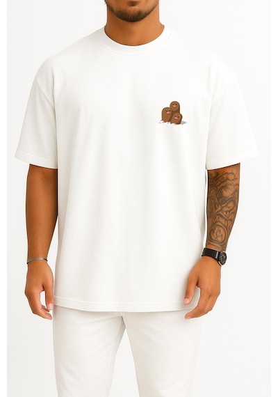 Bahriyeli Collection Oversize Dugtrio Cep Baskılı Unisex T-shirt Beyaz