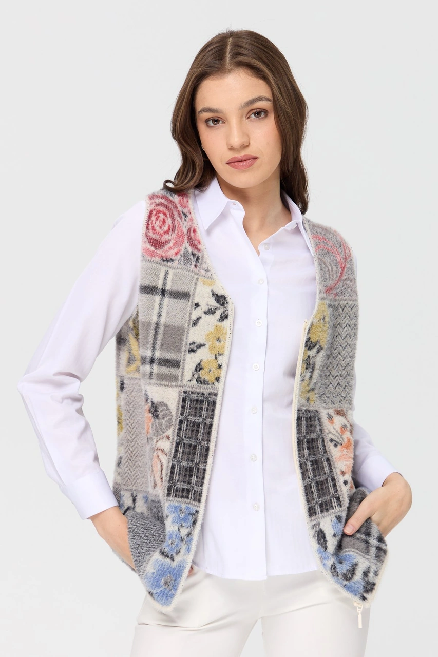 Desen Triko Kadın V Yaka Patchwork Yelek Kemik Kemik