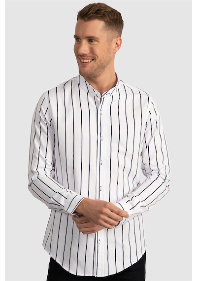 Tudors Slim Fit Uzun Kollu Hakim Yaka Pamuklu Kolay Ütü Çizgili Erkek Beyaz Gömlek-23520 Beyaz