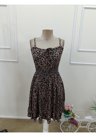 Efnaz Style Kadın Ip Askılı Yakadan Büzgülü Beli Lastikli Kısa Süprem Elbise Leopar