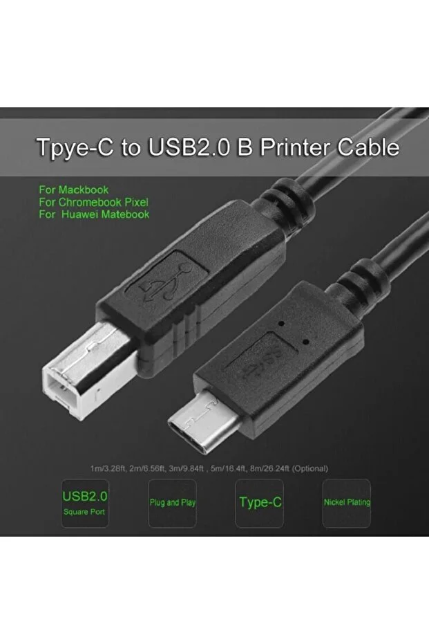 3 Metre 3mt Type C To Usb Printer Yazıcı Tarayıcı Mıdı Cihazları İçin Bağlantı Kablosu Üniversal Cabble Siyah