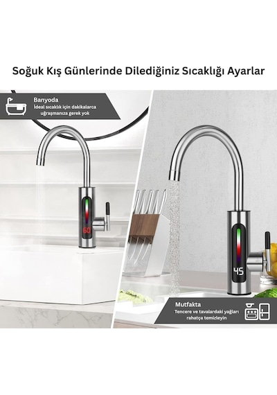 Dijital Göstergeli Elektrikli Anında Su Isıtıcılı Musluk Paslanmaz Çelik Mutfak & Banyo Gri