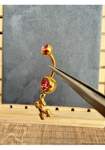 %100 316 L Cerrahi Çelik Gamalı Haç Sallantı Pembe Zirkon 10x1,6mm Altın Göbek Piercing