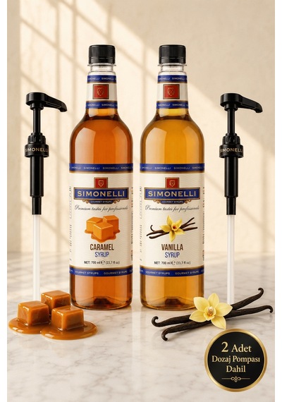 Simonelli Karamel & Vanilya Aromalı Gurme Kahve ve Kokteyl Şurubu Seti 2 x 700 ML + Pompa