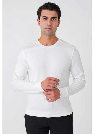 Efor Comfort Fit Omuz Modelli Uzun Kollu Esnek Pamuk Ekru Tişört Ts 933