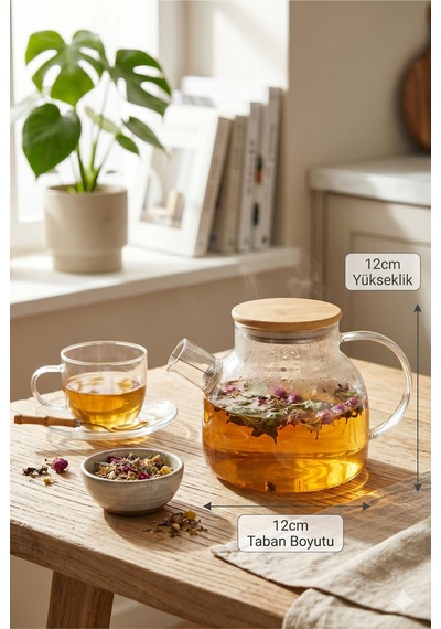 800 Ml Borosilikat Isıya Dayanıklı Cam Demlik Bambu Kapaklı Süzgeçli Ateşe Dayanıklı Şık Bitki Çayı Şeffaf