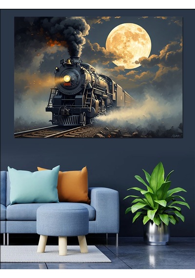Gece Yolunda Buhar Saçan Tren Dekoratif Kanvas - Mdf Ahşap Tablo