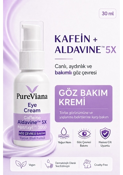 Pureviana Göz Kremi 30 ML Kafein + Peptit + Hyaluronik Asit Morluk, Göz Altı Torbası Ve Karşıtı