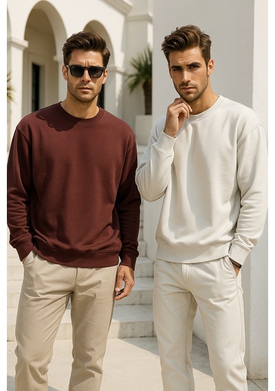 Rich Erkek 2'li Paket Kahverengi - Krem Bisiklet Yaka Scuba Basic Sweatshirt Kahverengi