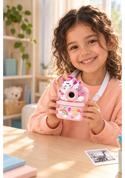 Kj/zm-004 Zoomy-u Unicorn Figürlü Anında Baskılı Çocuk Fotoğraf Makinesi, Çift Kamera, 2,4 İnç Ekran, 1080p Video, 3+ Yaş Pembe