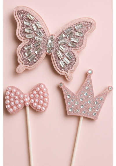 Pembe Taç Ve Kelebekli Pasta Süsü 3 Lü Set Işıltılı Happy Birthday Doğum Günü Dekoru