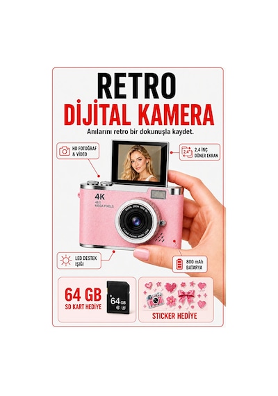 Solvis 4k Dijital Retro Fotoğraf Makinesi 48mp 18x Zoom 180 Dönen Ekran Flaşlı 64gb Sd Kart  Selfie Vlog Kamera Pembe