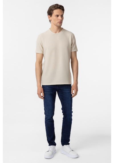 Süvari Bej Slim Fit Armürlü Bisiklet Yaka Tişört