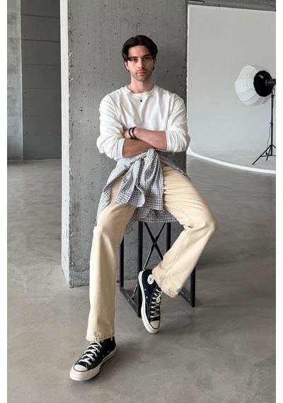 Erkek Oversize Uzun Kollu Basic T-shirt Beyaz