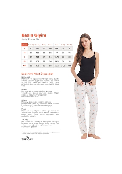 Tudors Kadın Regular Fit Klasik Kesim Viskon Beli Lastikli Fiyonk Detaylı Baskılı Beyaz Pijama Altı-51007
