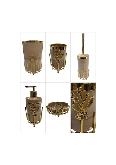 Makri Home Gold Kaplama Metal Stantlı 5 Parça Mermer Desenli Ve Düz Renk Seçenekli Banyo Aksesuar Takımı Somon