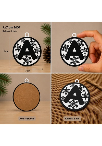 A Harf Yılbaşı Süsü Mdf Çam Ağacı Desenli Asılabilir Dekor 7x7 Cm