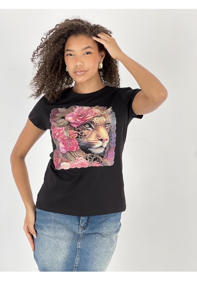 Kadın Leopar Ve Gül Desenli Siyah T-shirt Siyah