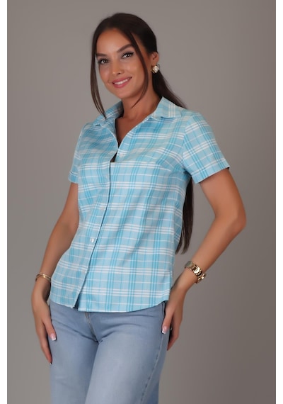 Sweetness Kadın Mavi Kareli Kısa Kollu Pamuklu Gömlek Dk-1190 Mavi
