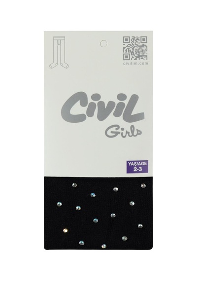 Civil Girls File Petek Desen Taşlı 2-12 Yaş Külotlu Çorap - Siyah