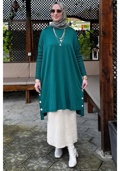 Rabia Şamlı Sevda Triko Tunik Zümrüt Çok Renkli