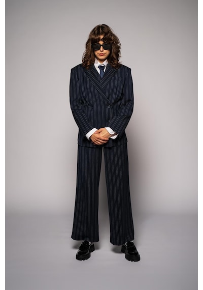Kadın Lacivert Çizgili Oversize Blazer Lacivert