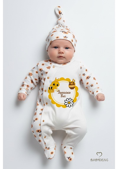 Babyden's Teyzesinin Balı Yazılı Yenidoğan Bebek Tulumu Şapka Seti Arı Desenli %100 Pamuk Çıtçıtlı Bebek Tulum Ekru