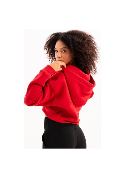 Justever Crop Kapüşonlu Fermuarlı Kanguru Cepli Şardonlu Hoodie Kırmızı Kadın Sweatshirt - Lumen Kırmızı