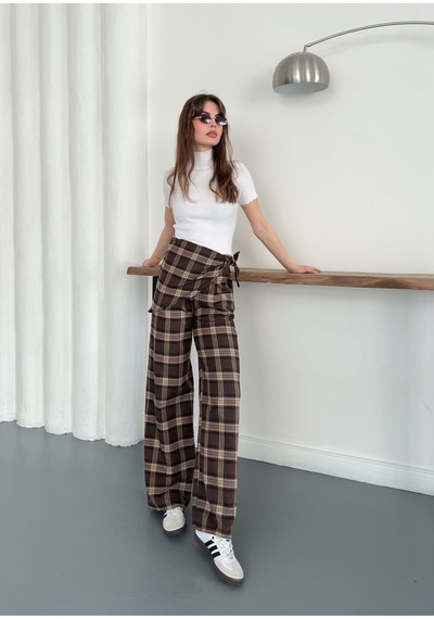 Blackpera Bersh Model Ekose Desen Bel Fular Detaylı Pantolon Kahverengi