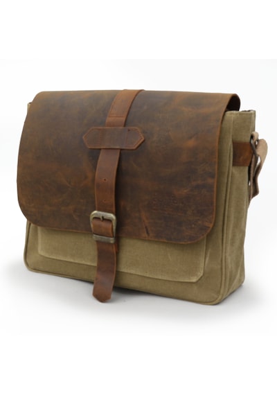 Dark Cotton 7503 Hakiki Deri Kapaklı Suya Dayanıklı Mumlu Kanvas 15 Laptop, Okul, Evrak Seyahat Çantası Camel