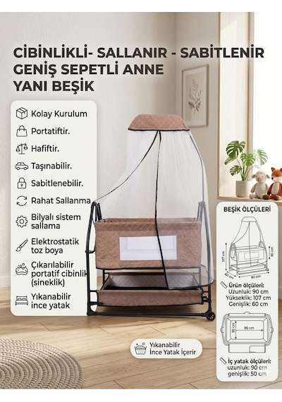 Öykü Bebek Dunyasi Cibinlikli Sallanır Sabitlenir Geniş Sepetli Anne Yanı Beşik Kahverengi Öykü Bebek Dunyasi Cibinlikli Sallanır Sabitlenir Geniş Sepetli Anne Yanı Beşik Kahverengi