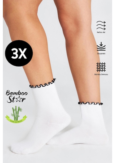 Bamboo Star Bambu Kadın Siyah Fırfırlı Lastiksiz Dikişsiz Kadın Soket 3lü Beyaz Çorap/iz Bırakmaz /sıkmayançorap