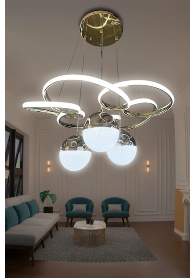 Florya Modern Sarkıt 3 Toplu Powerled Ledli Avize - 3 Renk Kumandalı - Gold Gold