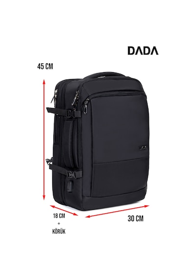 Körüklü Laptop Sırt ve Seyahat Çantası 15,6 İnç 40 Litre Usb Su Geçirmez Kumaş Siyah Dada 12
