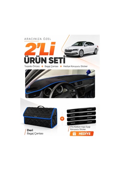 Skoda Super-b 2015-2021 Uyumlu Torpido Örtüsü + Deri Bagaj Çantası + Sticker Seti - Siyah Mavi