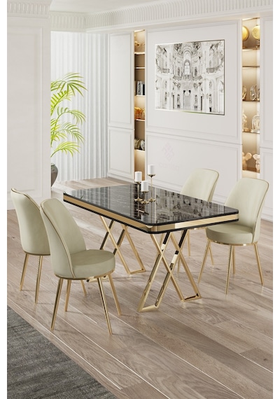 Canisa Vals Serisi 80x130 Lak Panel Siyah Mermer Desen Masa Takımı Gold Ayaklı 4 Krem Sandalye Masa Siyah Mermer Desen Sandalye Krem Canisa Vals Serisi 80x130 Lak Panel Siyah Mermer Desen Masa Takımı Gold Ayaklı 4 Krem Sandalye Masa Siyah Mermer Desen Sandalye Krem