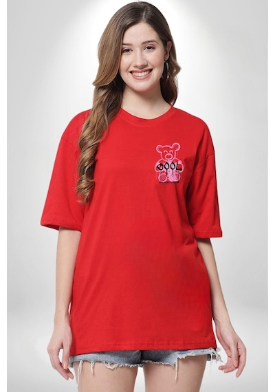 Panik Yok Teddy Kırmızı Oversize Unisex Ön Ve Sırt Baskılı Tişört Kırmızı